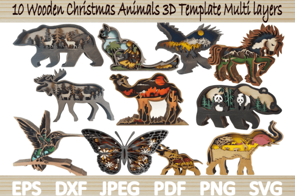 10 Wooden Animals Christmas Ornament SVG for Wall Decor