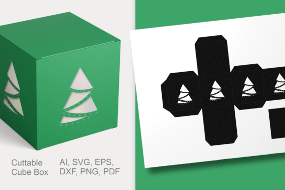 X-mas Trees Cube Gift Box Template SVG for Christmas Content
